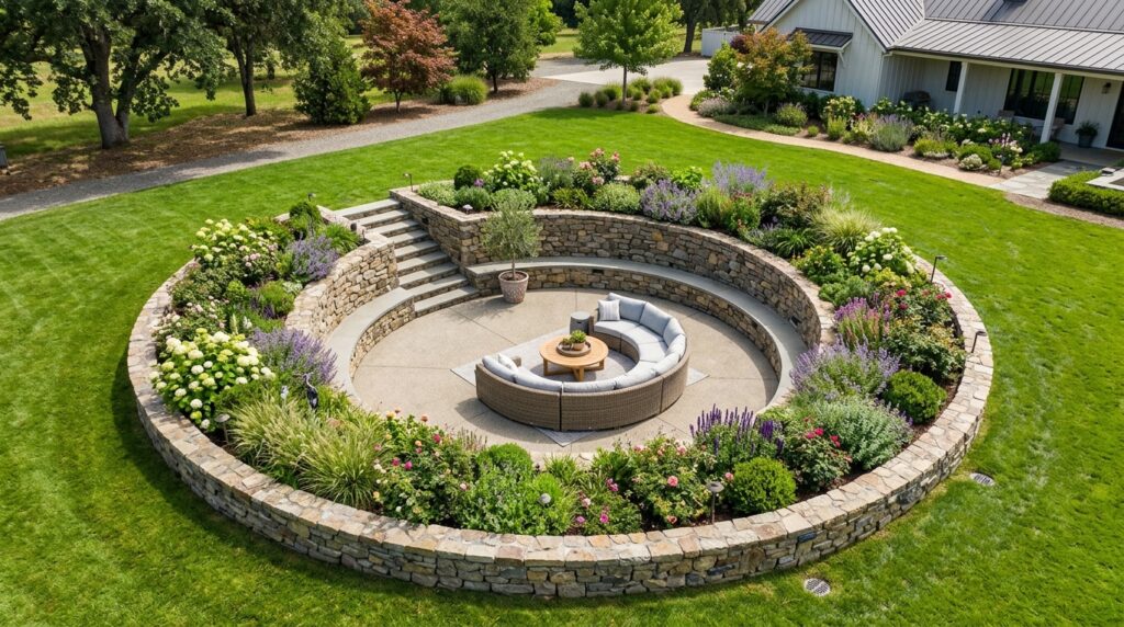 Raised Garden Bed Layouts to Frame Your Main Seating Patio aerial view sunken patio 202606141318