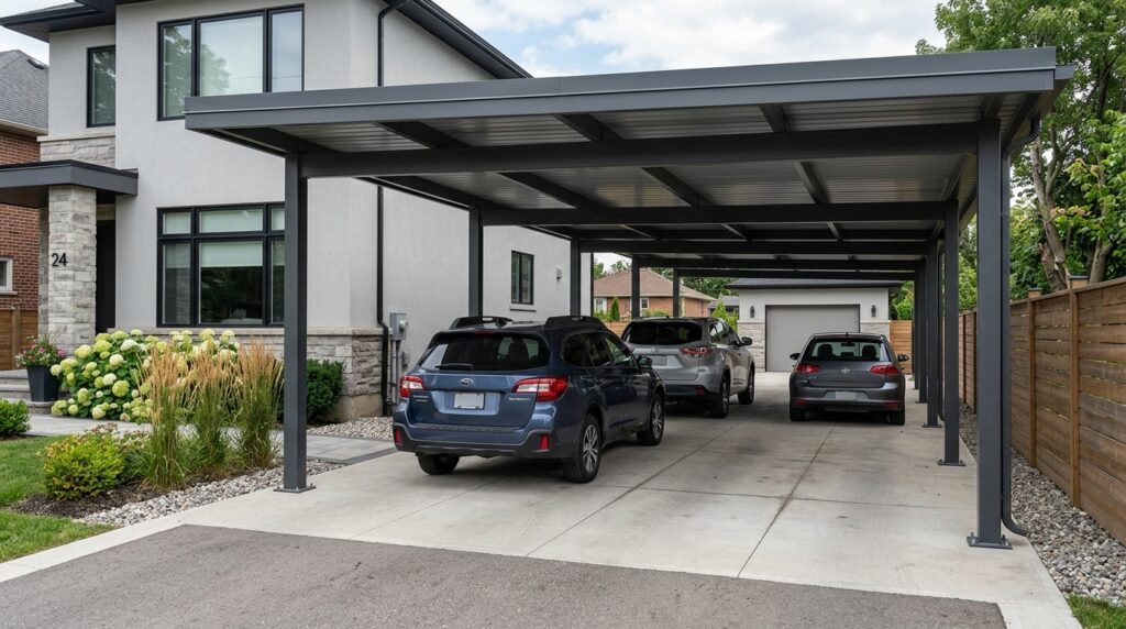 Smart Multi-Car Carport Layouts for Busy Suburban Homes aluminum carport sheltering vehi… 202606152041