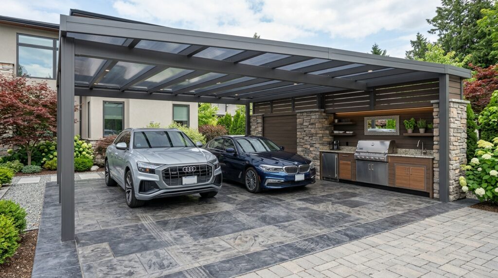 Smart Multi-Car Carport Layouts for Busy Suburban Homes aluminum carport with outdoor ki… 202606152045