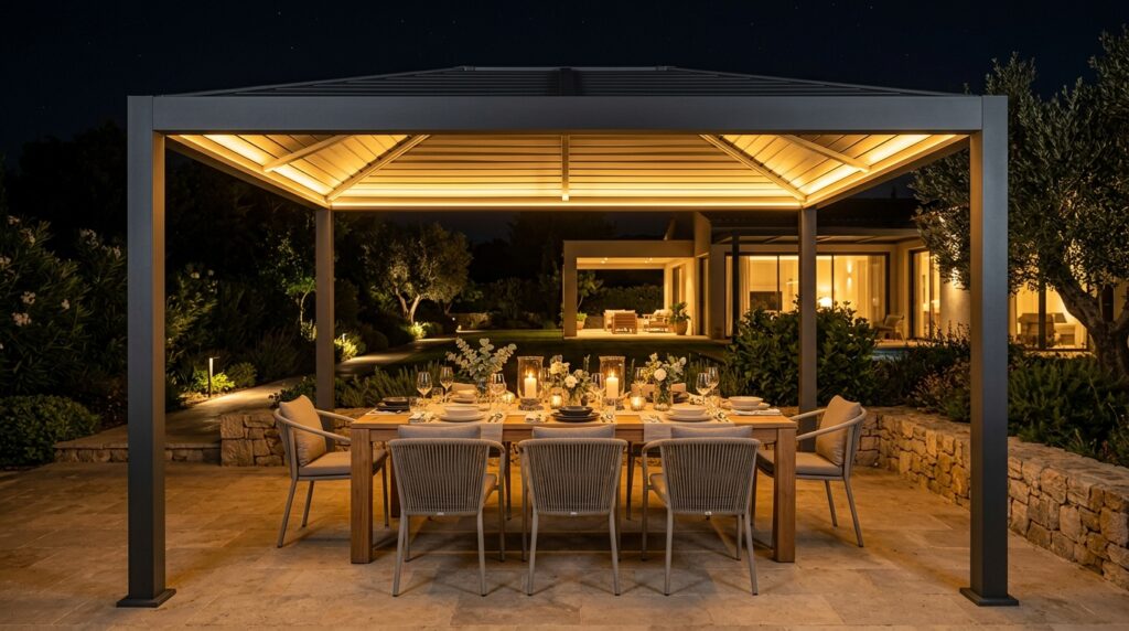 Modern Patio Gazebo Ideas For Luxury Outdoor Lounging aluminum gazebo casting warm glow 202606062108