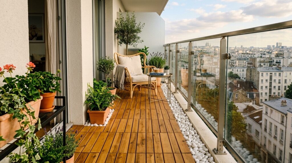 Outdoor Balcony Oasis Ideas For Cozy Urban Living apartment balcony wooden floor p… 202606061420