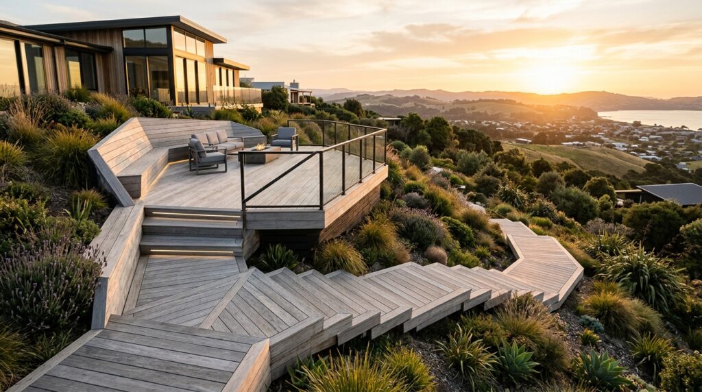 Raised Sun Decks Positioned Perfectly for Golden Hour Views architectural deck on hillside yard 202606141833