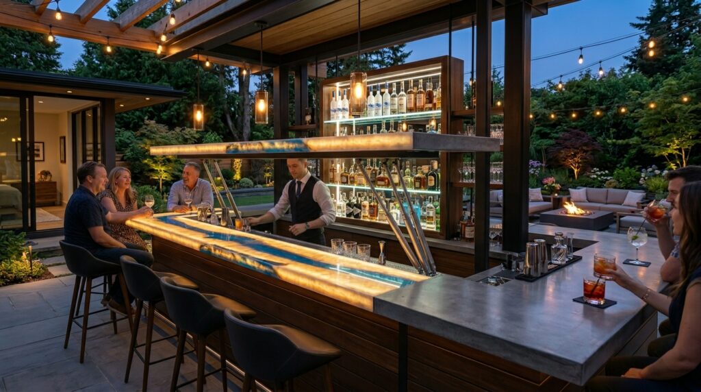 Custom Luxury Outdoor Bars with Backlit Translucent Resin Counters backyard bar with rising liquor 202606181235