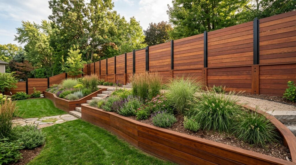 Tiered Retaining Fences Combining Planter Boxes with Boundary Posts backyard boundary with retaining… 202606111044