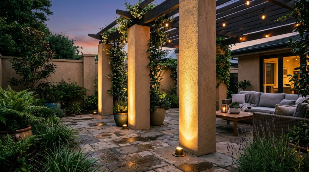 Modern White Stucco Walls Accented with Dark Wood Insets backyard courtyard at dusk 202606112357