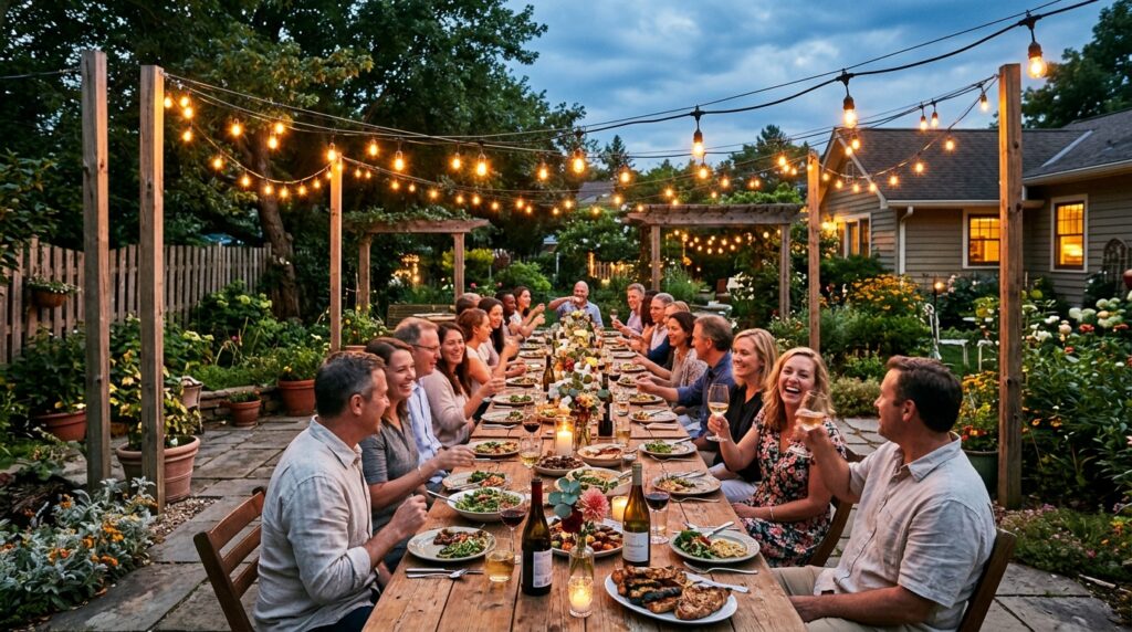 backyard dinner party string lights 202606051224