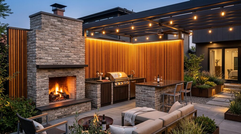 Brick Fireplace Extensions Integrating Full Outdoor Kitchen Lines backyard entertainment zone bric… 202606181822