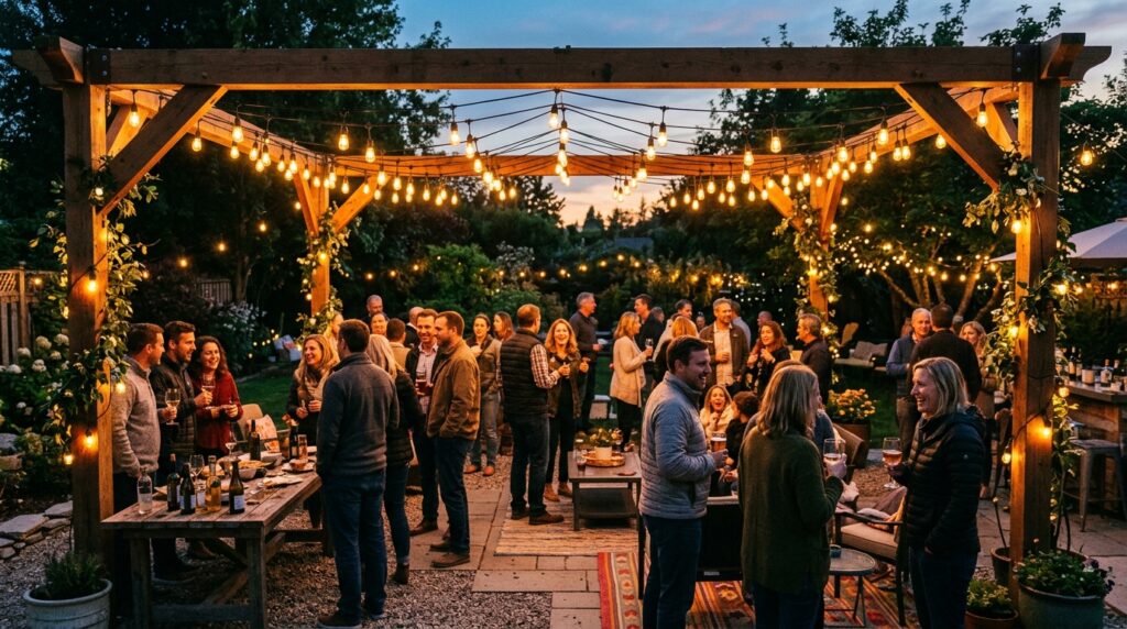 Outdoor Pergola Seating Ideas For Ultimate Backyard Luxury backyard gathering under string … 202606052237