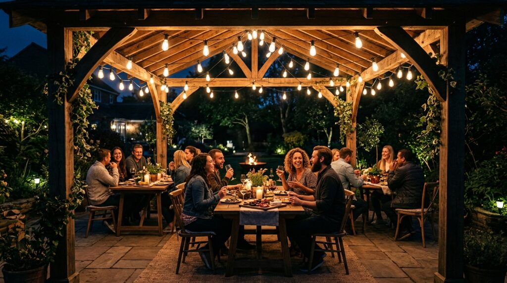 Modern Patio Gazebo Ideas For Luxury Outdoor Lounging backyard gathering under string … 202606062107