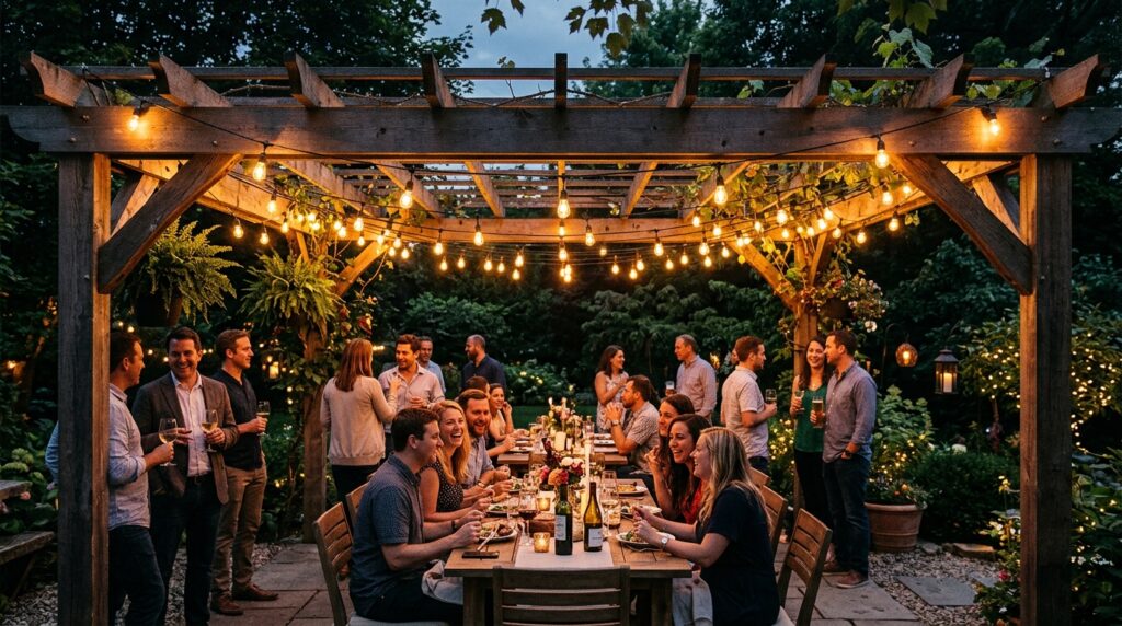 Modern Pergola Deck Ideas For Premium Backyard Luxury backyard gathering under string … 202606070910