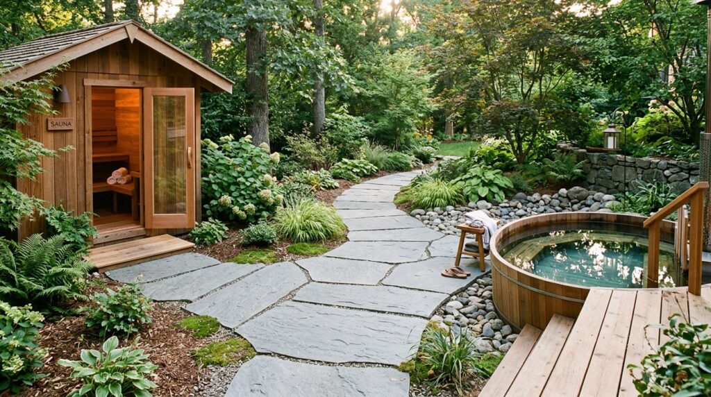 Modern Outdoor Wellness Spa Hubs For Premium Backyard Luxury backyard path connecting sauna 202606071509