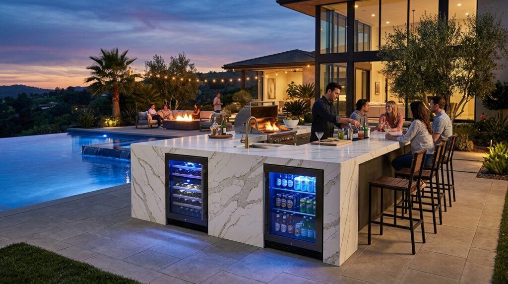 Under-Counter Beverage Center Setups Perfect for Summer Parties backyard pool bar at dusk 202606181714