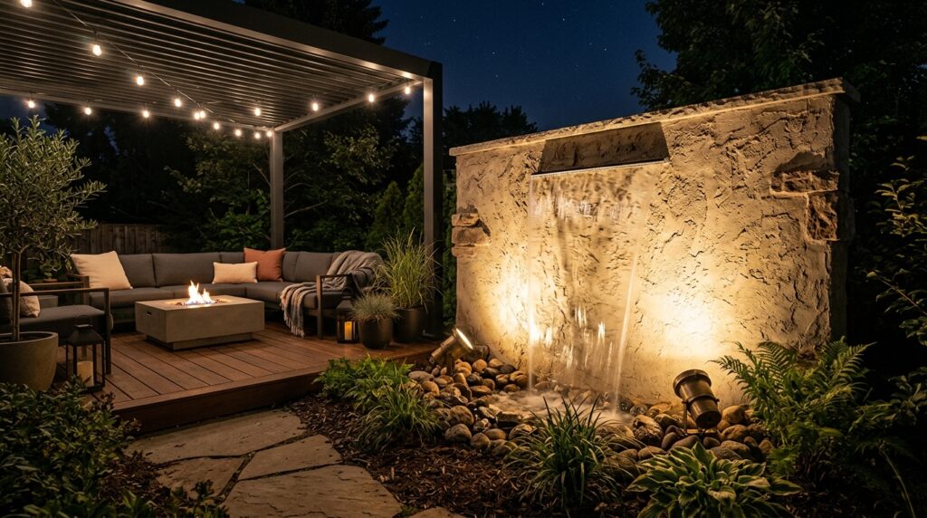 backyard terrace lounge at night 202606110910