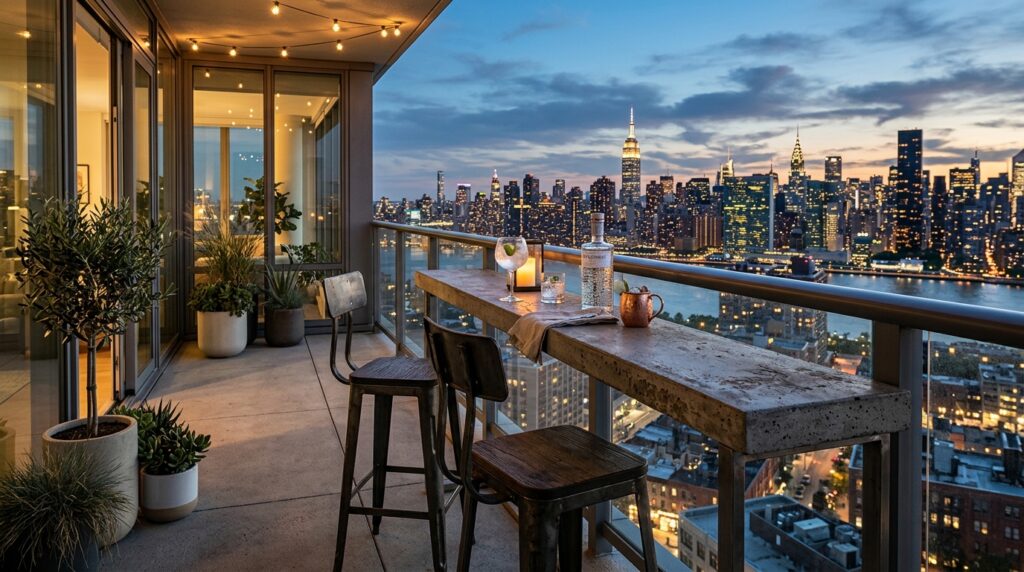 Outdoor Balcony Oasis Ideas For Cozy Urban Living balcony bar shelf with stools 202606061621 (1)