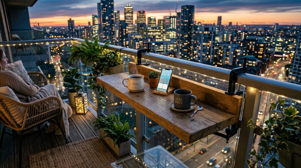 Outdoor Balcony Oasis Ideas For Cozy Urban Living balcony bar with coffee mugs 202606061621