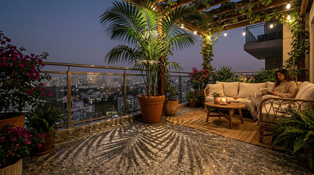 Modern Rooftop Terrazzo and Balcony Ideas for Elite Urban Luxury balcony lounge with shadow patterns 202606071536