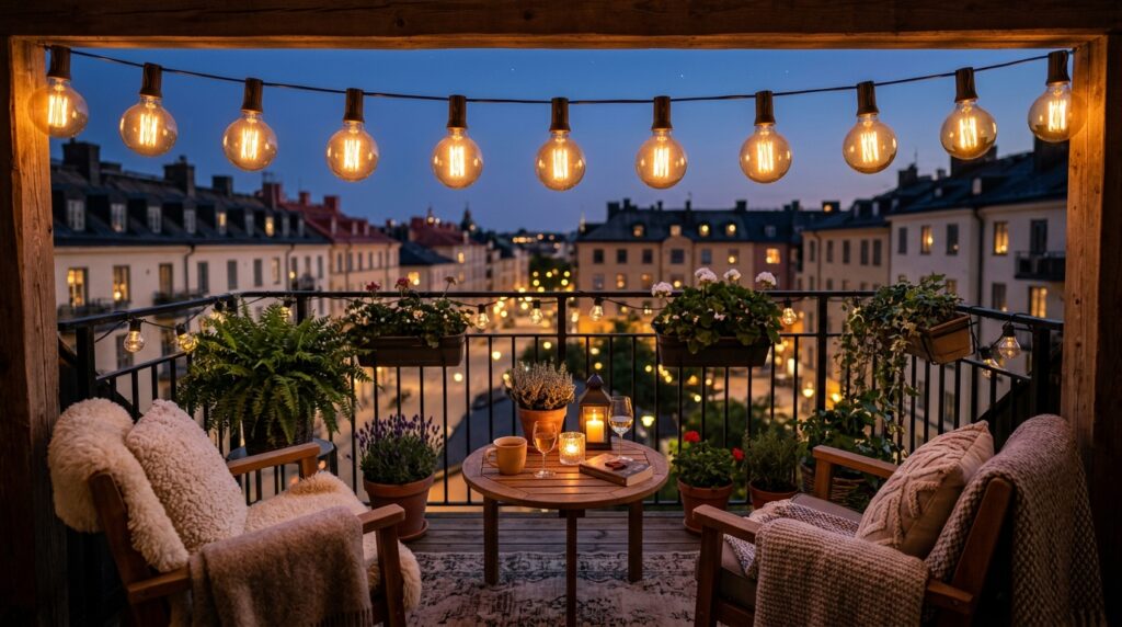 Outdoor Balcony Oasis Ideas For Cozy Urban Living balcony scene with amber bulbs 202606061621