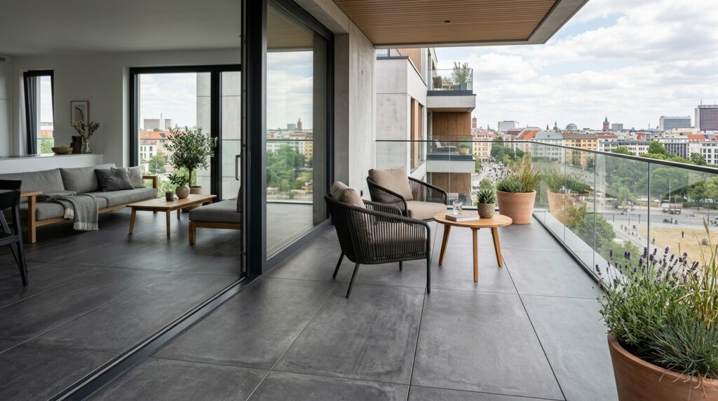 Outdoor Balcony Oasis Ideas For Cozy Urban Living balcony with concrete tiles 202606061620