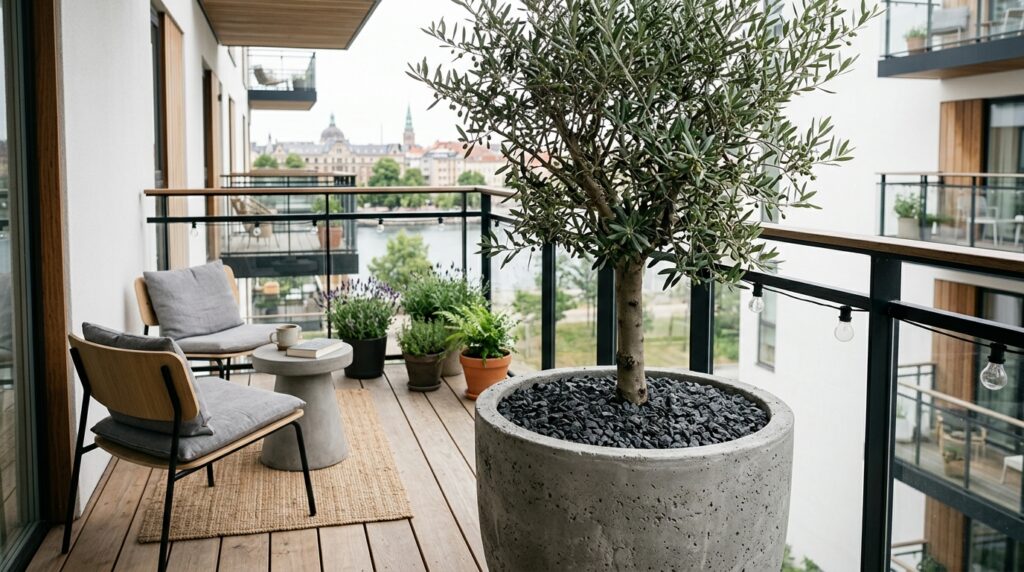 Modern Outdoor Balcony Designs For Luxury Urban Living balcony with olive tree 202606070739