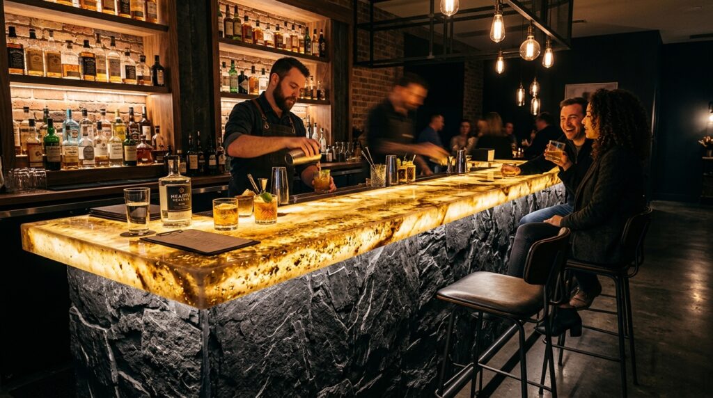 Custom Luxury Outdoor Bars with Backlit Translucent Resin Counters bar with slate stone base 202606181224