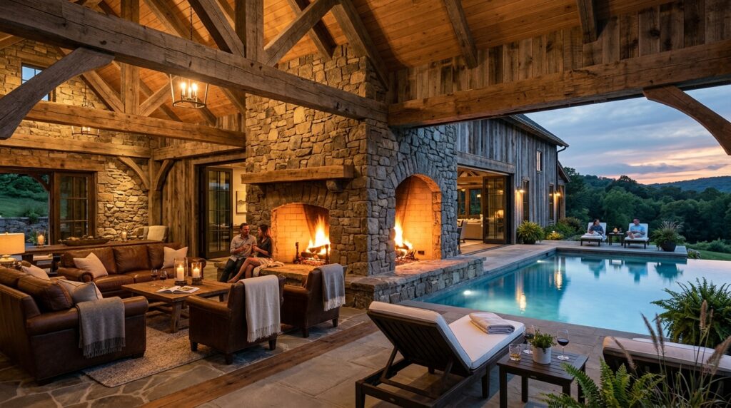 barn pool house stone fireplace 202606130903