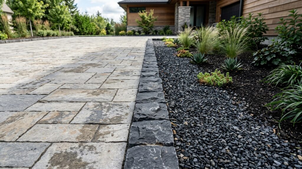 basalt blocks separating driveway 202606082008