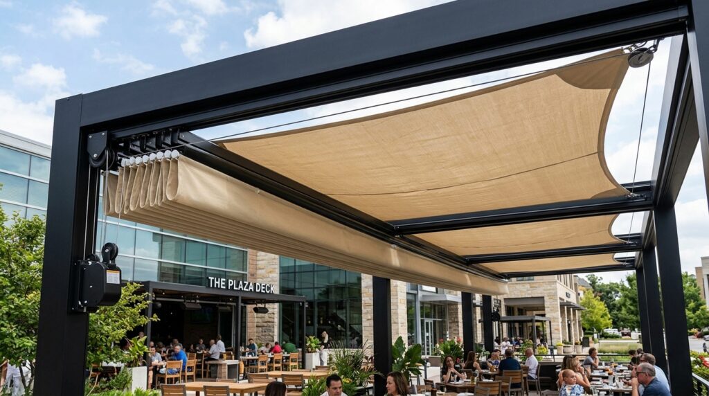 Smart Carport Outdoor Ideas That Will Instantly Upgrade Your Home black frame beige sailcloth trac… 202606061803