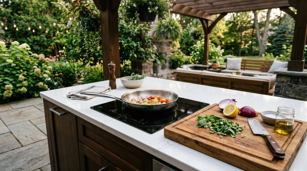 Modern Outdoor Kitchen And Bar Ideas For Premium Backyard Hosting black glass induction circle cou… 202606071606