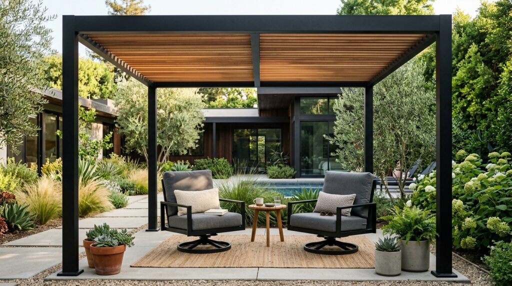 Modern Pergola Deck Ideas For Premium Backyard Luxury black metal pergola teak slats 202606070912