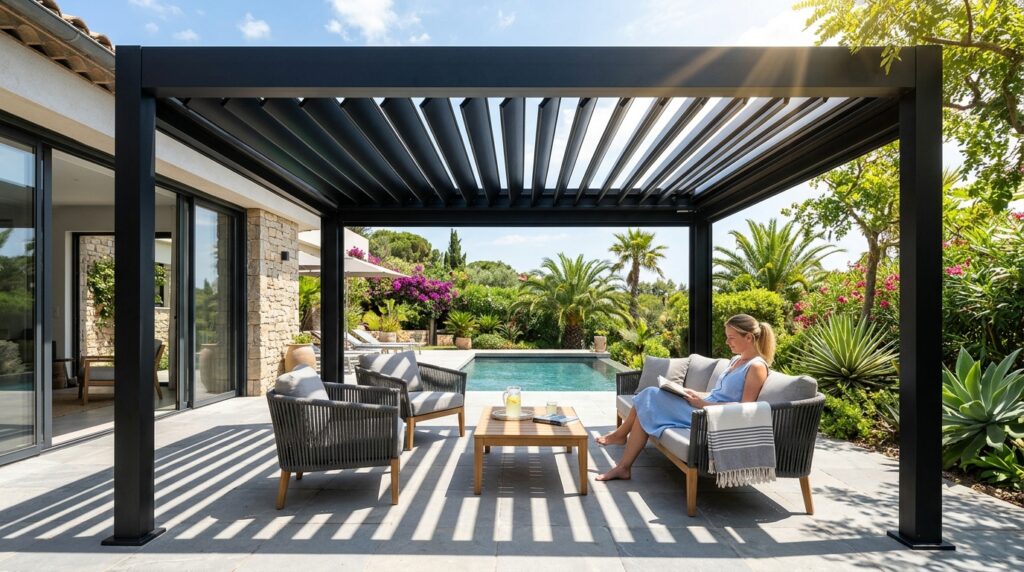 Outdoor Pergola Seating Ideas For Ultimate Backyard Luxury black pergola rotating panels sun 202606052240