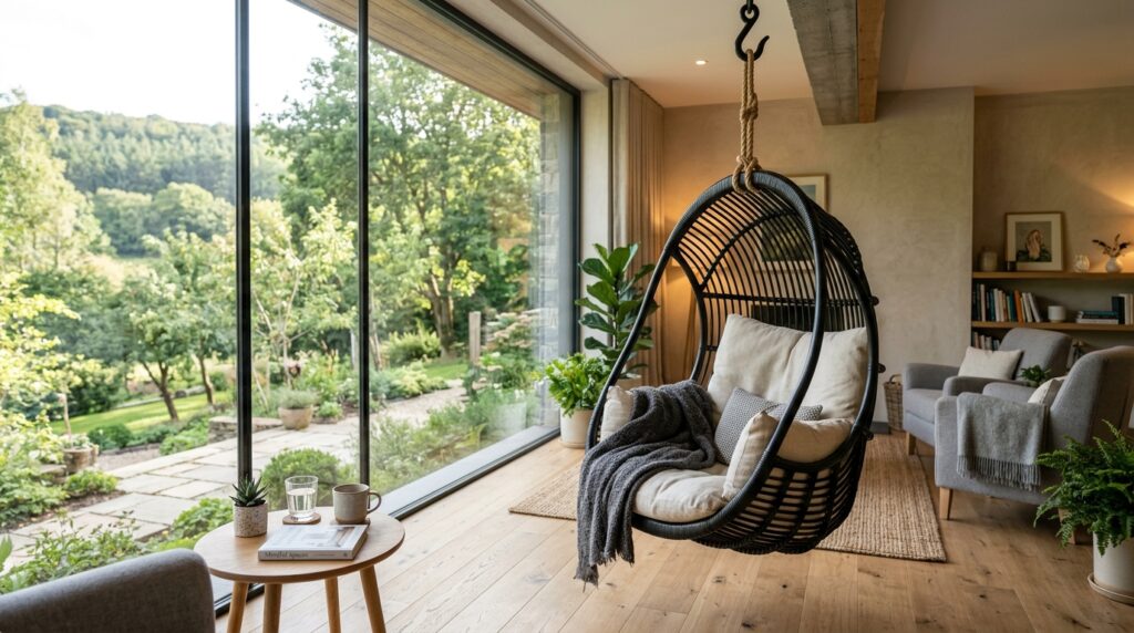 Brutalist Concrete Greenhouses and Hyper-Minimalist Botanical Pavilions black rattan swing chair lounge 202606081619