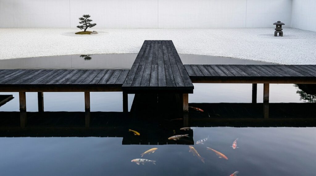 Floating Wooden Walkways Crossing Over Tranquil Backyard Koi Ponds black walkway over koi pond 202606142020