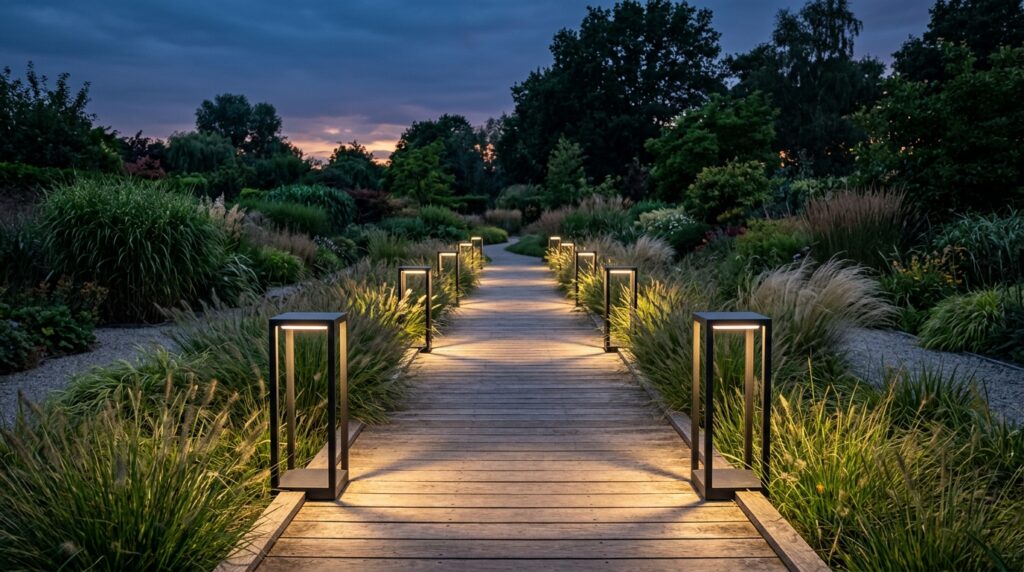 Minimalist Square Bollard Lights for Clean, Straight Garden Paths boardwalk through ornamental gra… 202606101510