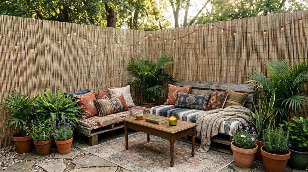 Bamboo Reed Screening Fences for Quick, Cost-Effective Privacy bohemian backyard seating area 202606112329 (1)