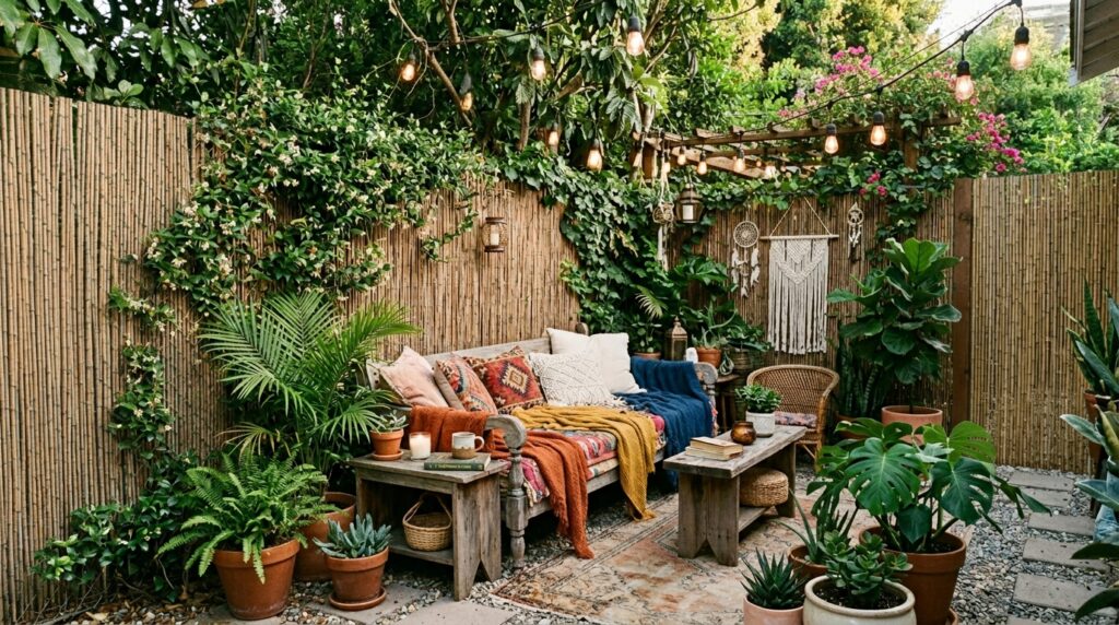 Bamboo Reed Screening Fences for Quick, Cost-Effective Privacy bohemian backyard seating area 202606112329