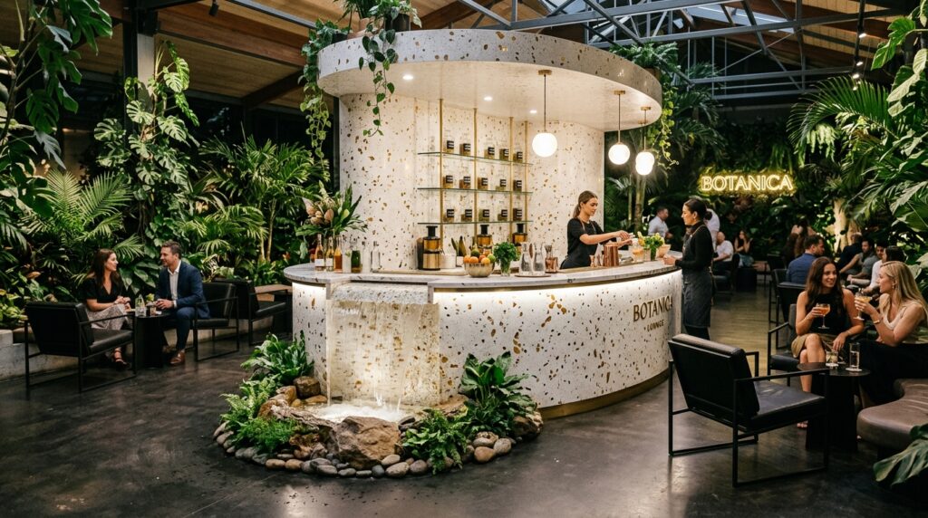 Brutalist Concrete Greenhouses and Hyper-Minimalist Botanical Pavilions botanical lounge waterfall juice… 202606081614