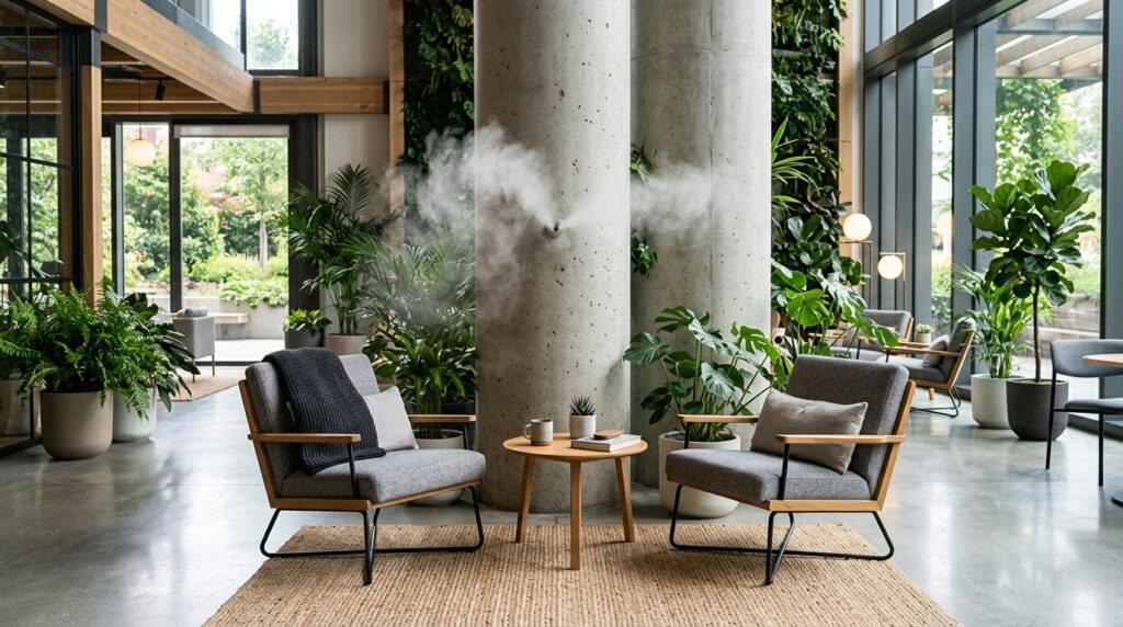 Brutalist Concrete Greenhouses and Hyper-Minimalist Botanical Pavilions botanical lounge with mist 202606081612