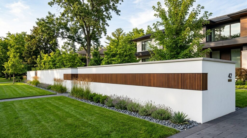 Modern White Stucco Walls Accented with Dark Wood Insets boundary wall with ipe wood 202606112358