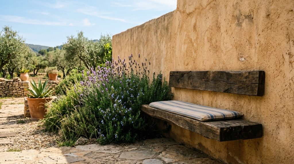 boundary wall with wooden bench 202606121008