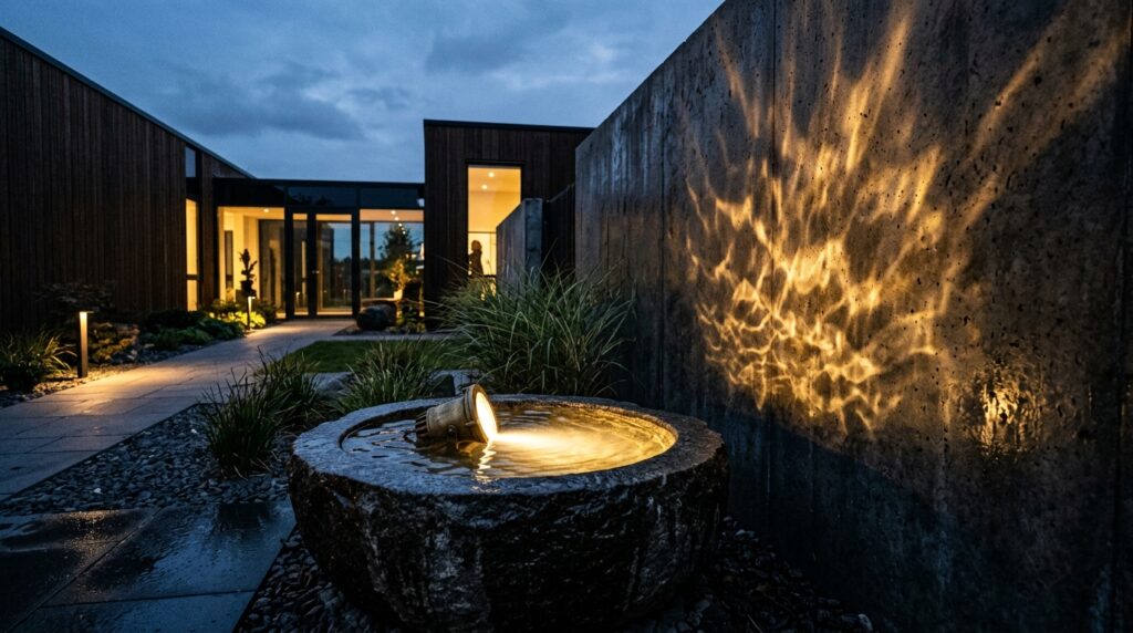 Monolithic Stone Water Bowls with Slow Spillways for Zen Courtyards brass spotlight casting light 202606101359