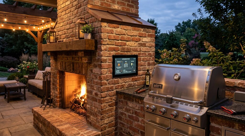 Brick Fireplace Extensions Integrating Full Outdoor Kitchen Lines brick fireplace with digital tou… 202606181824