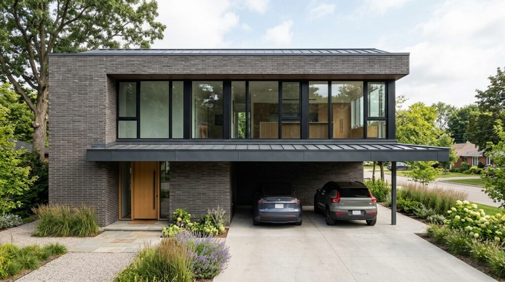 Low-Profile Flat Roof Carports That Won’t Block Your Window Views brick home with zinc carport 202606161342