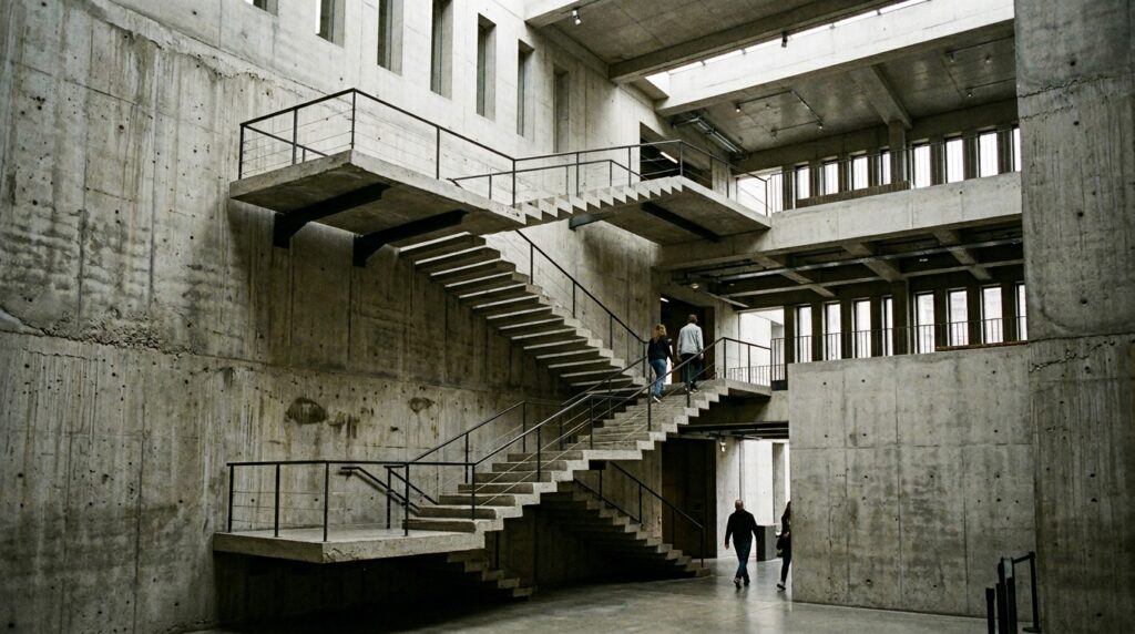 Floating Architectural Stairs Made of Raw Poured Concrete brutalist atrium floating concre… 202606131930