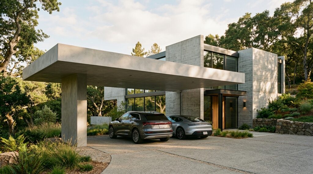 Low-Profile Flat Roof Carports That Won’t Block Your Window Views brutalist home concrete carport … 202606161343