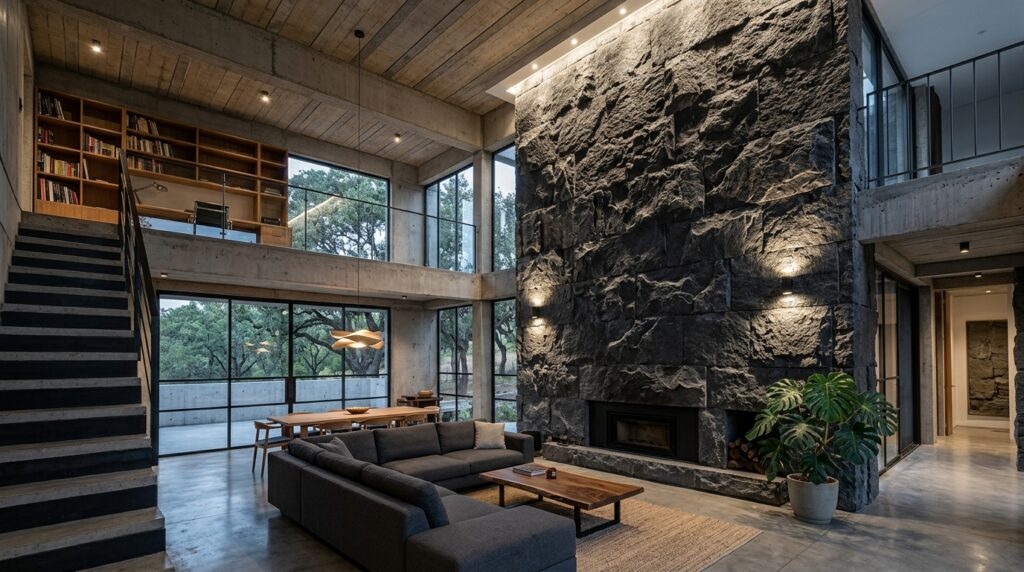 Monolithic Stone Accent Walls for High-End Living Facades brutalist living room granite wall 202606131803