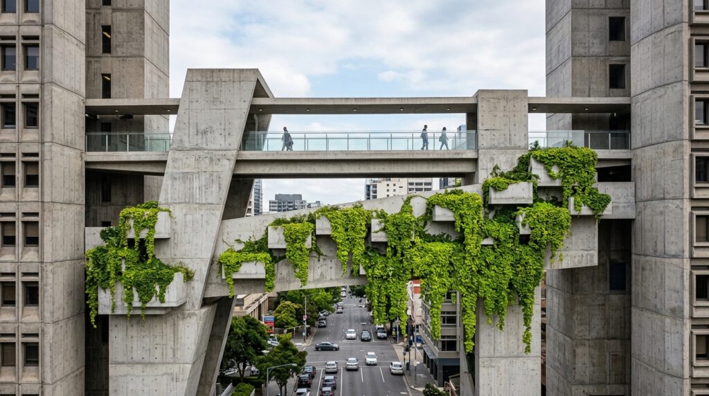 Modern Elevated Skywalks Connecting Luxury Estate Wings brutalist sky bridge with ivy 202606072110