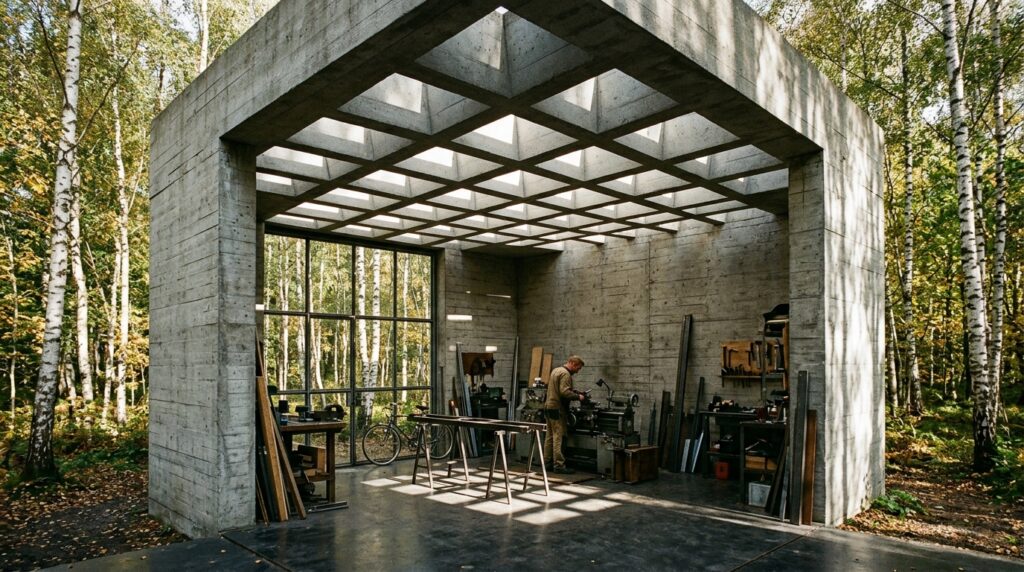 brutalist structure in birch forest 202606131010