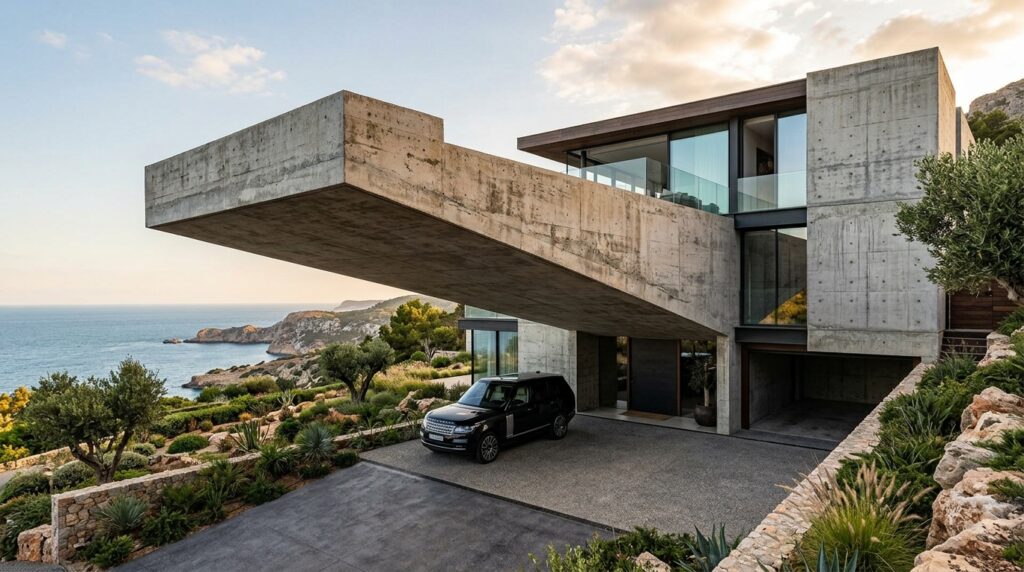 17 Cantilevered Carport Concepts for a Post-Free Entryway brutalist villa concrete slab ex… 202606151956