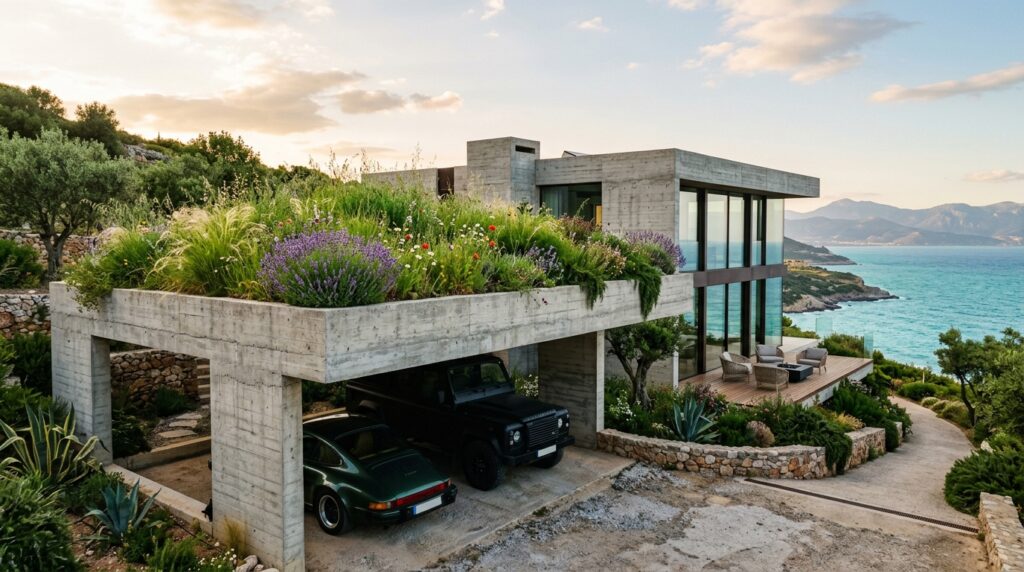 brutalist villa with green roof 202606152151