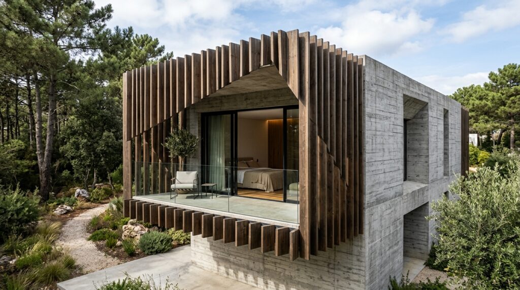 brutalist villa with timber fins 202606131215